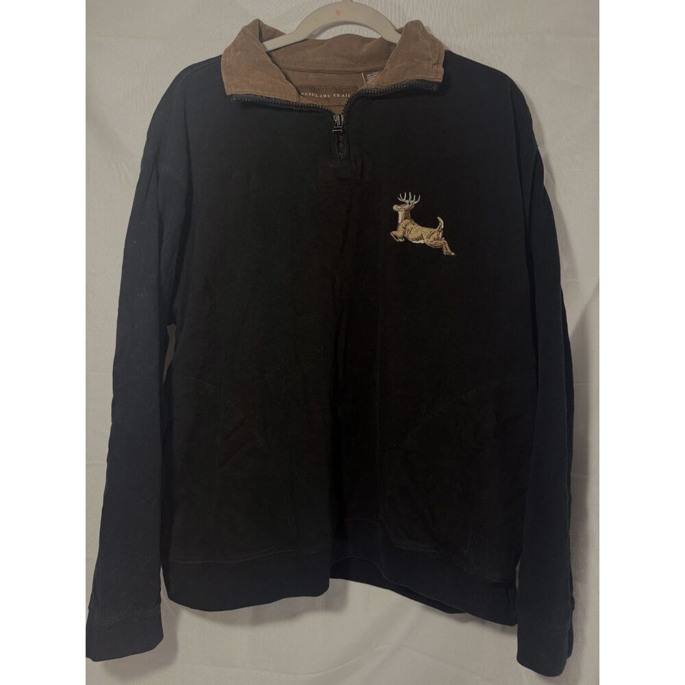 Vintage 90s Woodland Trail Men’s L Black Deer Embroidered Quarter Zip Pullover